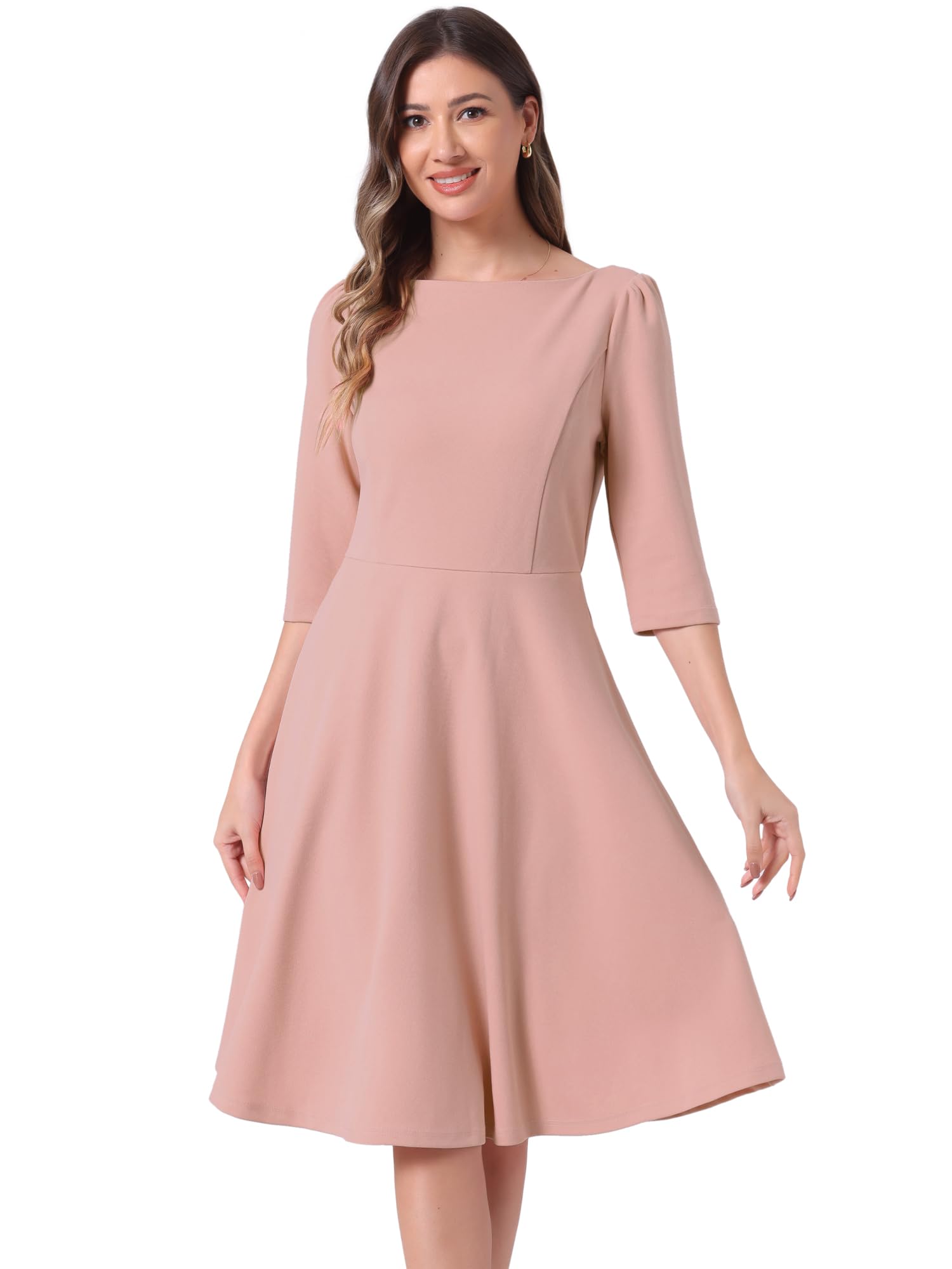 

Allegra K Women s Business Dress, Casual Dress, Boat Neck, Short Sleeves, Midi Length, Flared, Office Dress, Pink, Size S
