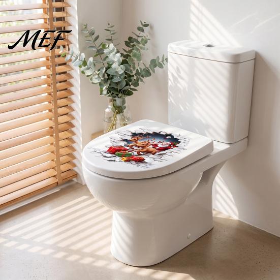 Decorative Bathroom Stickers Santa Claus Toilet Sticker, Elk And Gift Box Print, 3D Festive PVC Wall Decals Christmas Decal, Removable Waterproof