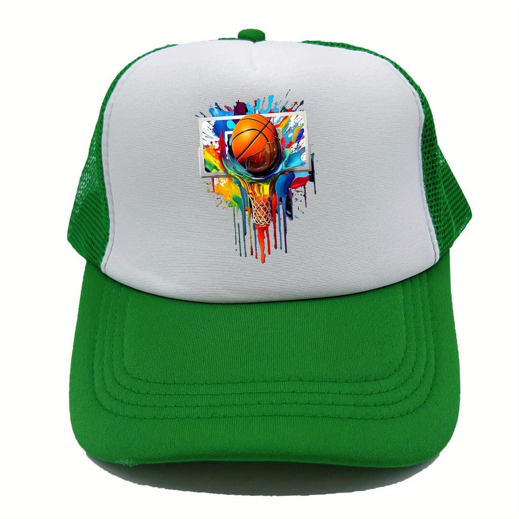 Colorful Basketball Splash Print Trucker Hat Breathable Mesh Baseball Cap Casual Adjustable Unisex