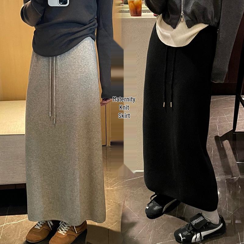 Korean Style Maternity Elastic Waist Midi Knit Skirt with Back Slit M