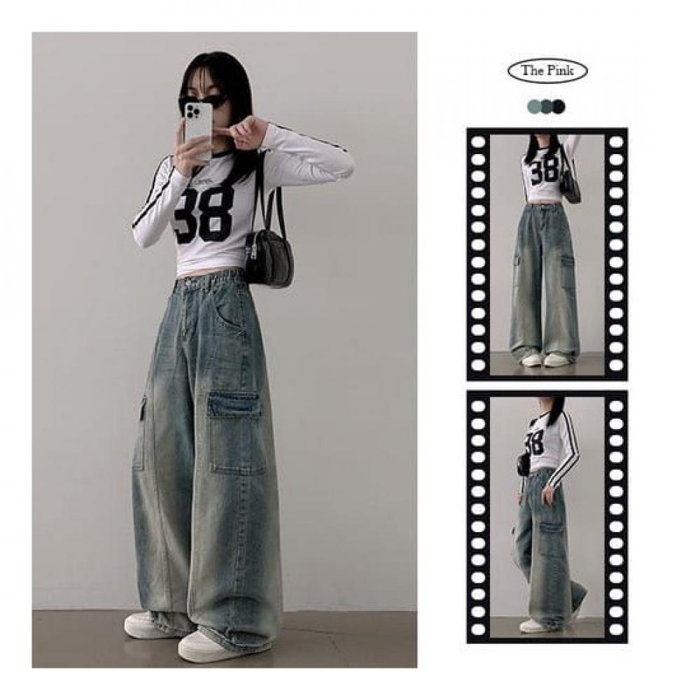 The Pink Women Killed Hidden Banding Cut Brush Washing Wide Denim
