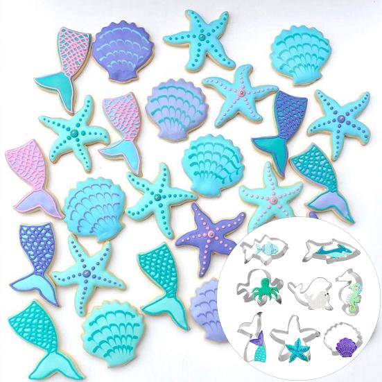 8Pcs Ocean Animal Cookie Cutters Mermaid Tail Starfish Seashell Shark Shapes Sea Themed Biscuit Molds Stainless Steel