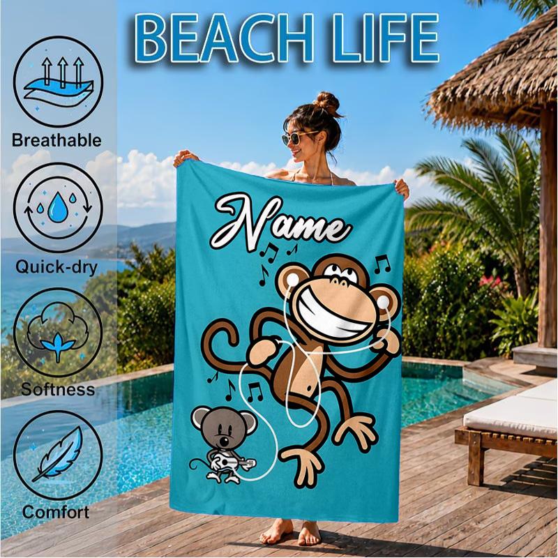 Custom Name Monkey Refuses Listen Heart In Space Adventure Microfiber Beach Towel, Lightweight for Summer Travel, Swimming Pool Fan Gift