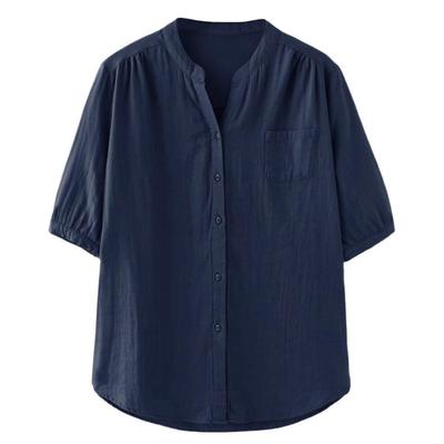 Shirt for Short Loose Large Size [EASTEMPO] Women, Sleeve, Summer, Fit, Business, Casual, 5/8 Sleeve, V-Neck, Cotton, (JP, Alphabet, M, Navy)