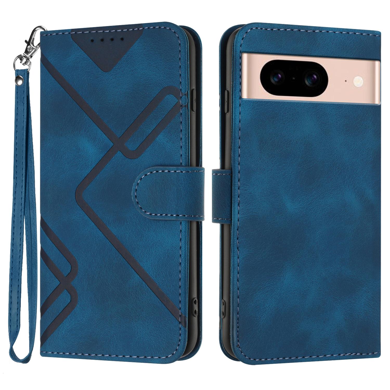 

For Google Pixel 8a Wallet Case Line Imprinted PU Leather Phone Cover with Strap Sapphire
