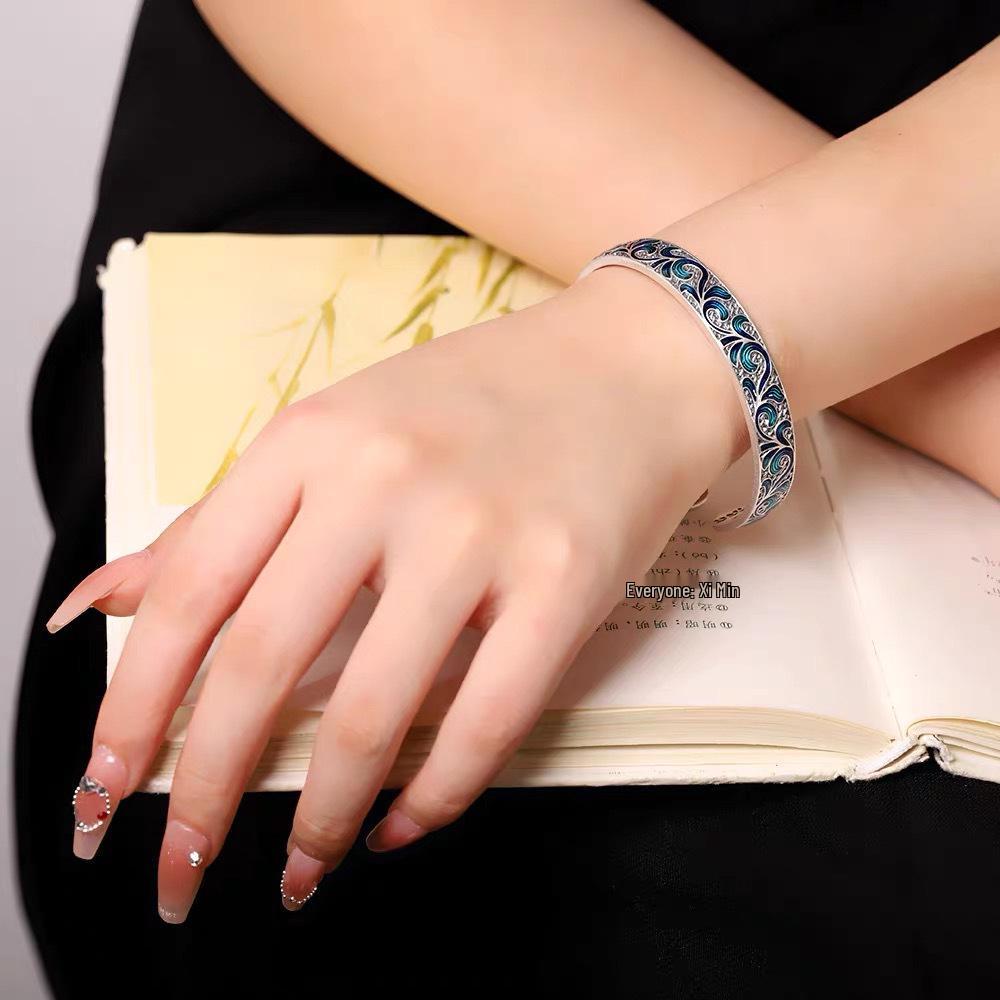 Sterling Silver 9999 Enamel Scroll Heart Sutra Bangle - Ethnic Style Bracelet