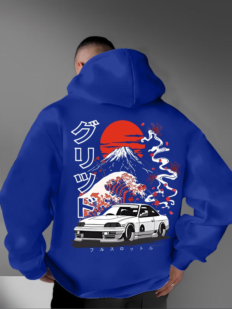 Japanese JDM Hip-hop Loose Streetwear Hooded Sweatshirt with "Mount Fuji" Pattern Print, Winter Fleece Pullover Shirt