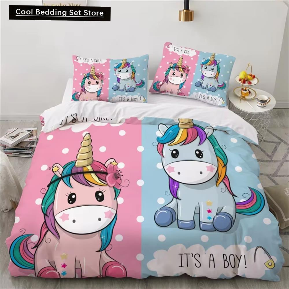 Kinderbettwäsche-Sets, Geschenke, Bettbezug-Sets mit Einhorn- und buntem Pferdedruck für Kinder, Mädchen und Jungen, 2/3-teilig, einzelne rosa Steppdecken