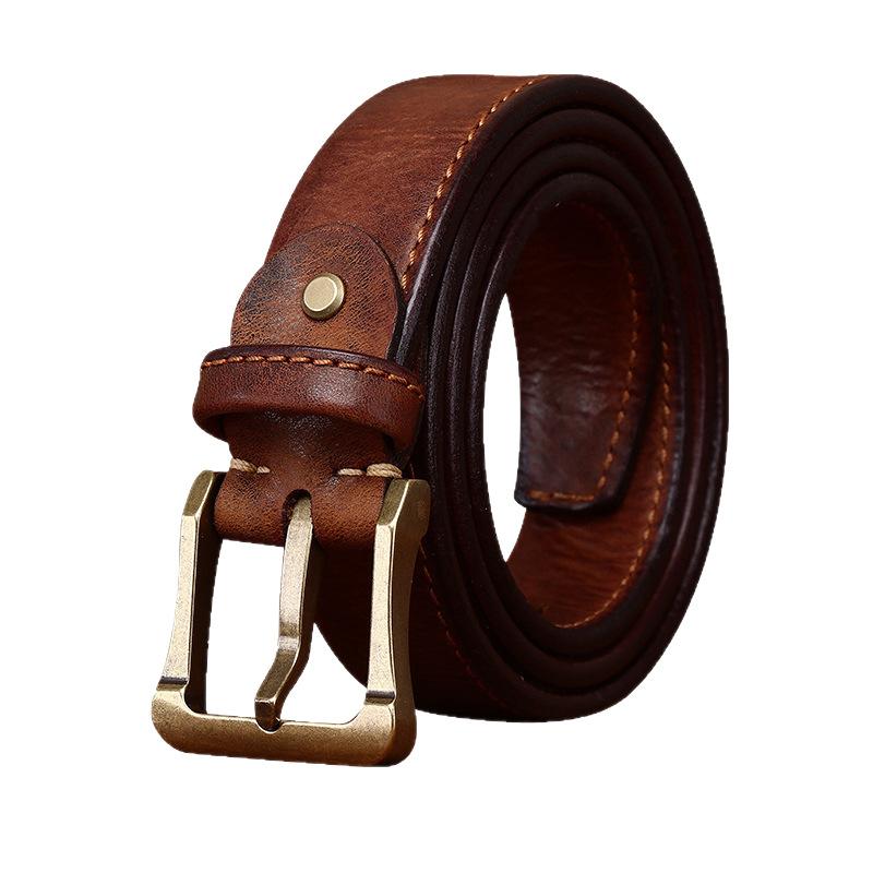 3.8Cm Wide Retro Hand-Polished Single-Layer Reflex First-Layer Cowhide Men'S Genuine Leather Pin Buckle Thickened Belt Men'S