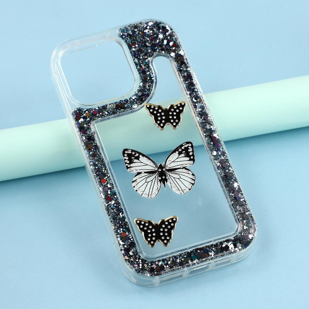 For iPhone 15 Pro Max Case DIY Butterfly Glitter Epoxy Soft TPU Phone Back Cover
