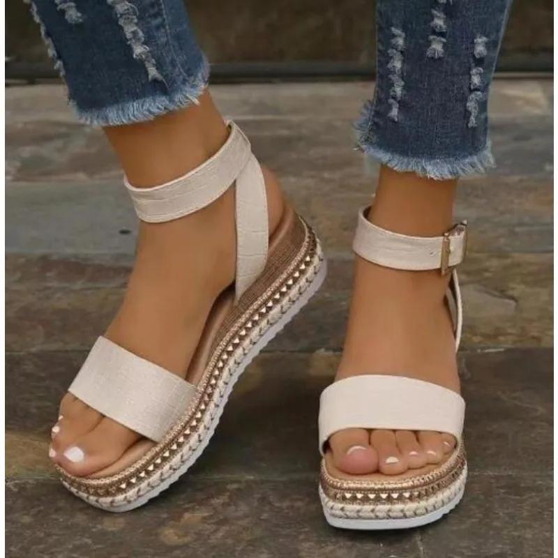 Fashion Summer Plus Size 43 Casual Ladies Wedge Heels Sandals Non Slip Platform Sandalias White Ankle Strap Sandals for Women Zapatos