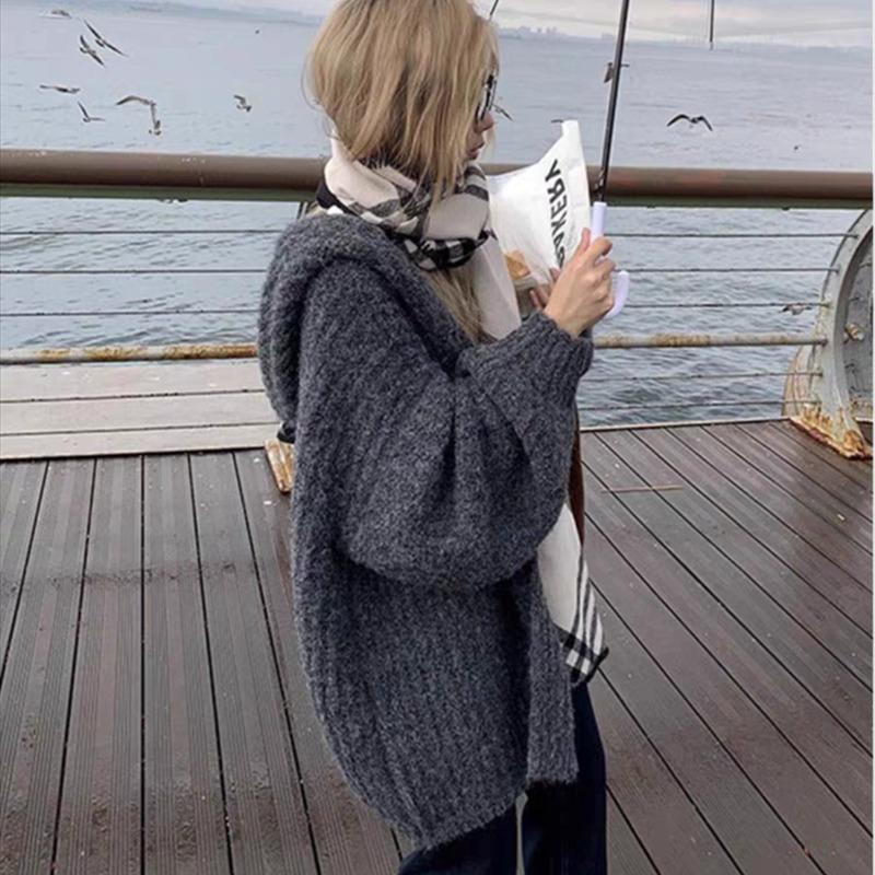 Fashion Loose Cardigan Knitted Hooded Women Sweater Solid Color Casual Coats Lantern Long Sleeves Office Large Knit Jacket Top Clothing