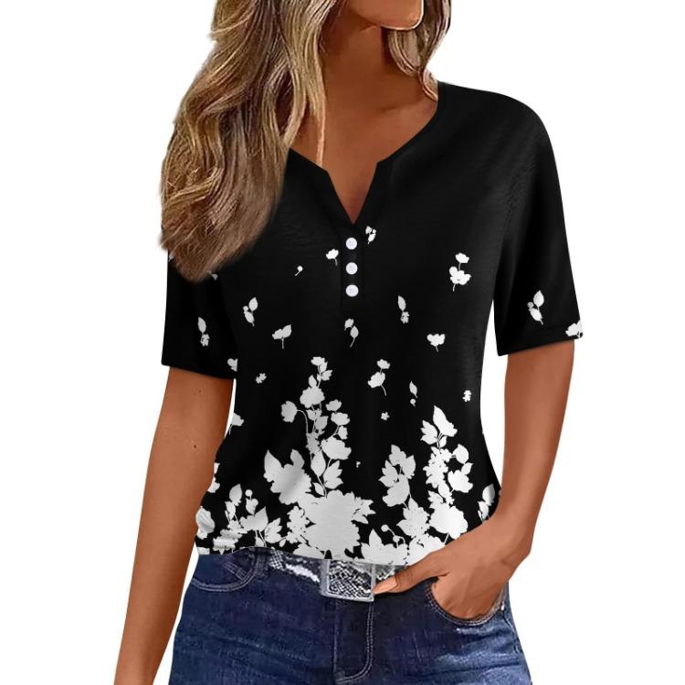 Casual Women's V Neck Short Sleeve T Shirt Regular Fit Basic Tee Print Button Fashion Weekend Daily Outfit Wear