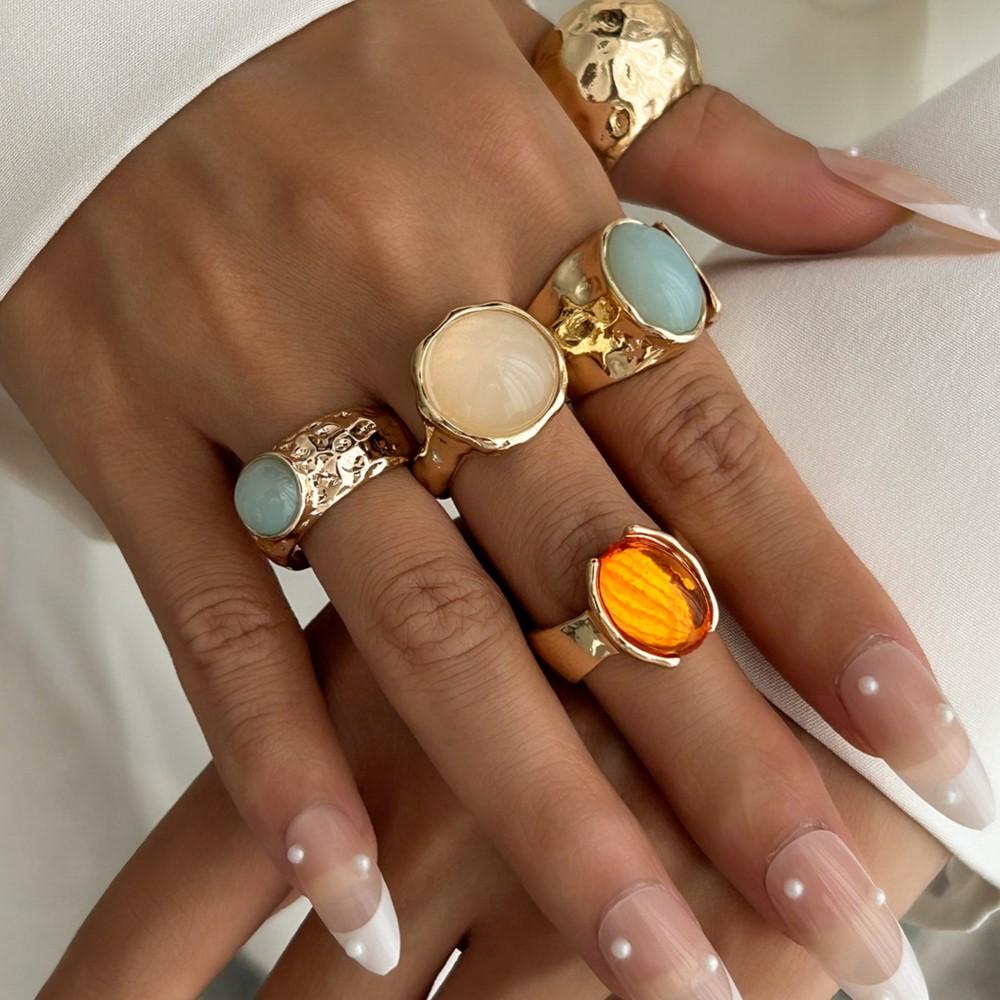 5Pcs/set Fashion Stone Decorated Stacked Ring Set Trendy Exquisite Rings Jewelry for Birthday Gift