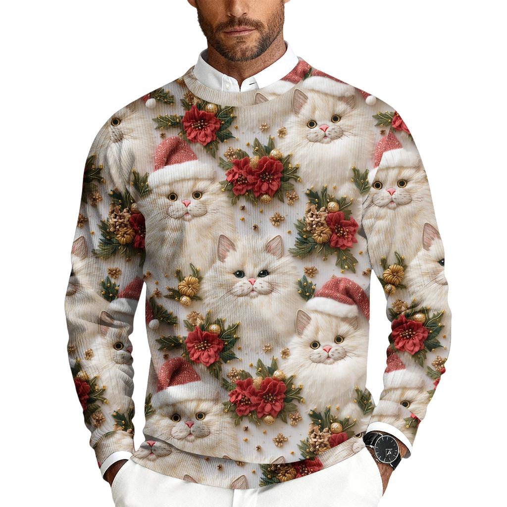 Men's Christmas Printed Crewneck Long Sleeve Ribbed Knit Pullover Sweater | Relaxed Fit Casual Business Knitwear For Holiday Parties & Daily Wear