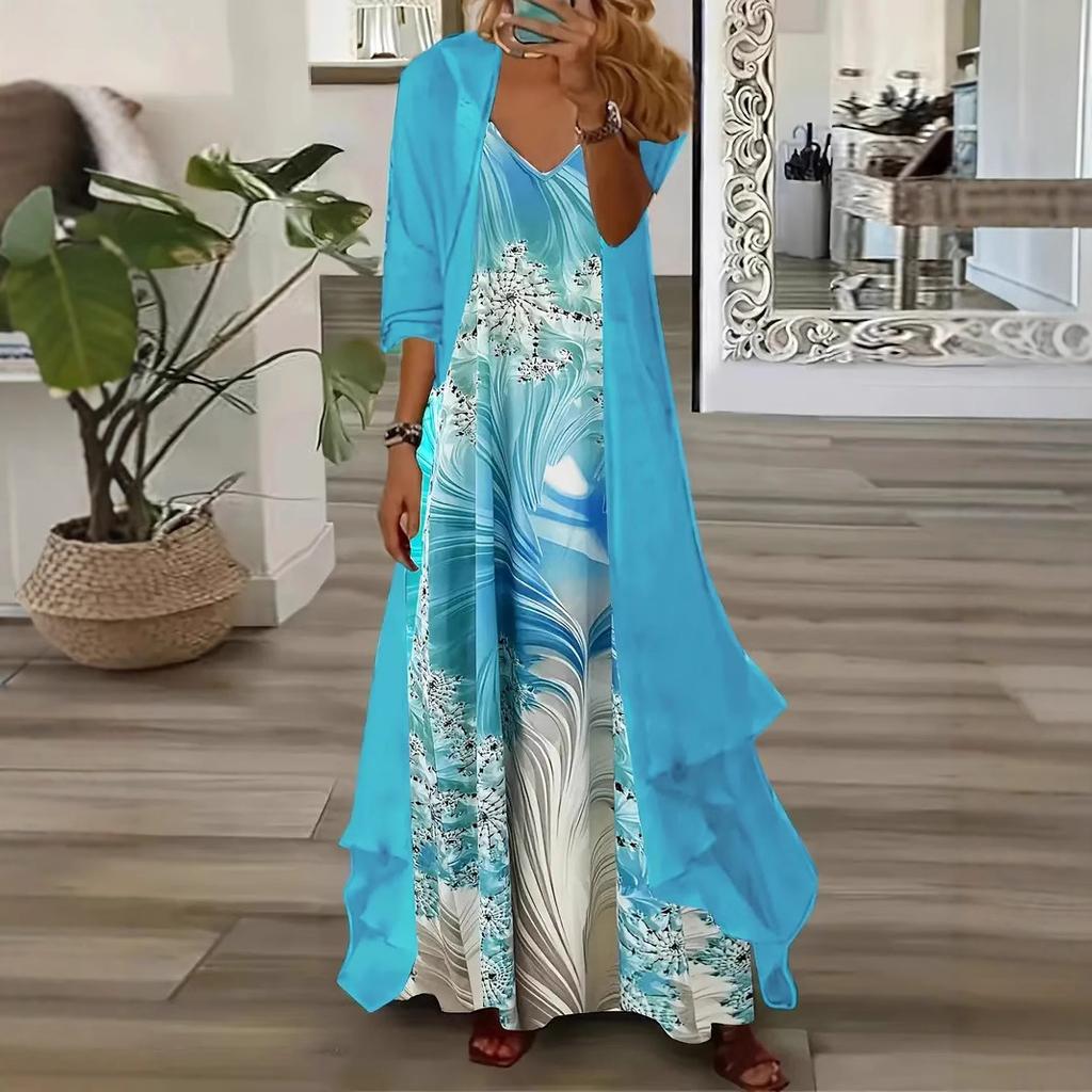 Floral Print Long Sleeve Maxi Dress with Blue Cardigan, Red Shoes, and Bracelet