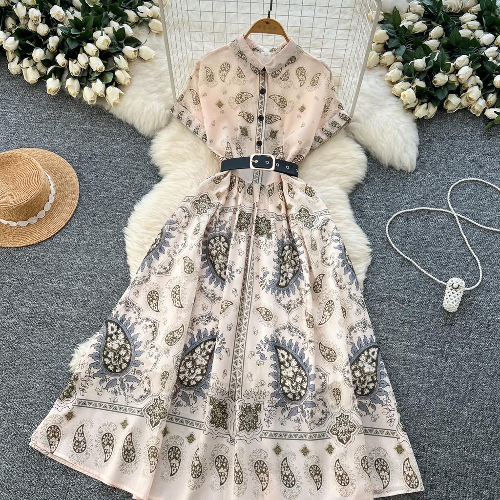 Kobiety Różowa Długa Sukienka Letnia Francuska Retro Krótki Rękaw Drukowane Sukienki Imprezowe Damskie Wąskie A-line Elegancka Długa Suknia Vestidos