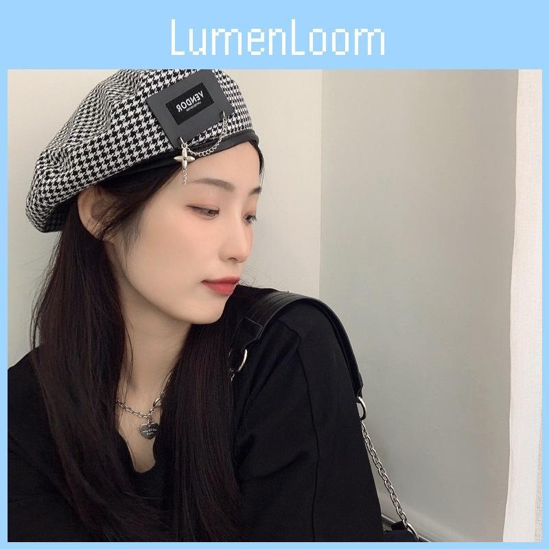 Stylish Houndstooth Japanese Beret Hat For Women With Unique Metal Patch