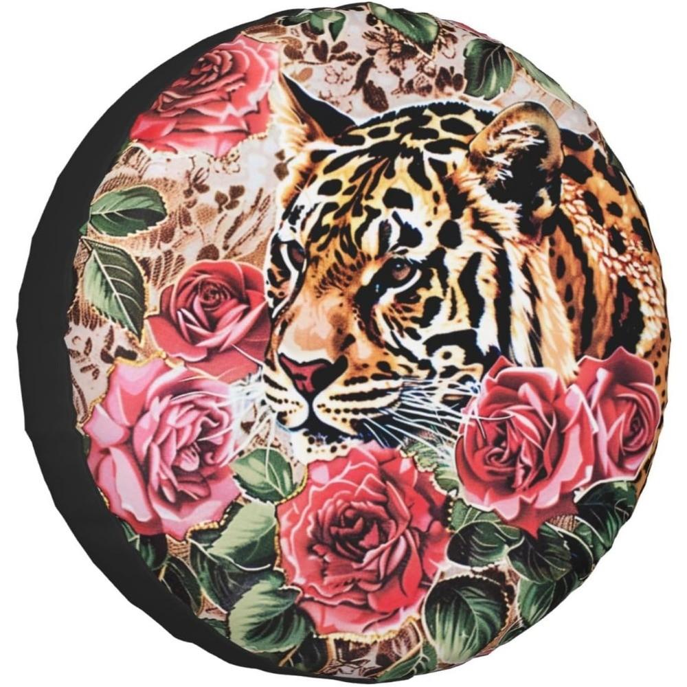 Leopard Rose Spare Tire Cover Waterproof Dustproof Polyester Protector for SUV Truck RV