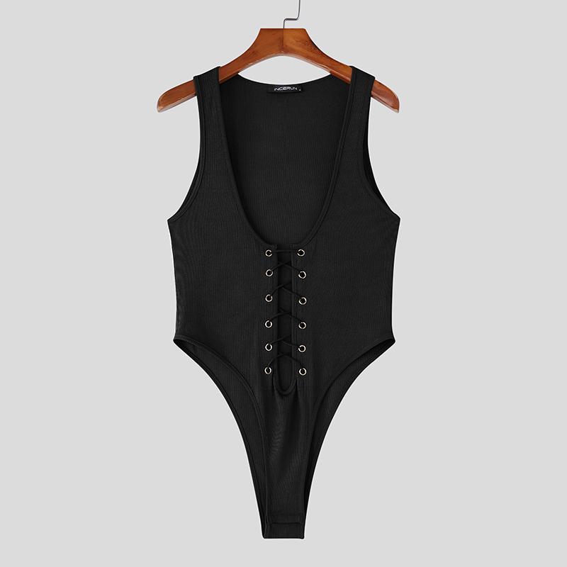 

INCERUN Мужская безрукавка с глубоким U-образным вырезом, бандажная, облегающая, майка, комбинезоны, ромперы 3XL чёрный