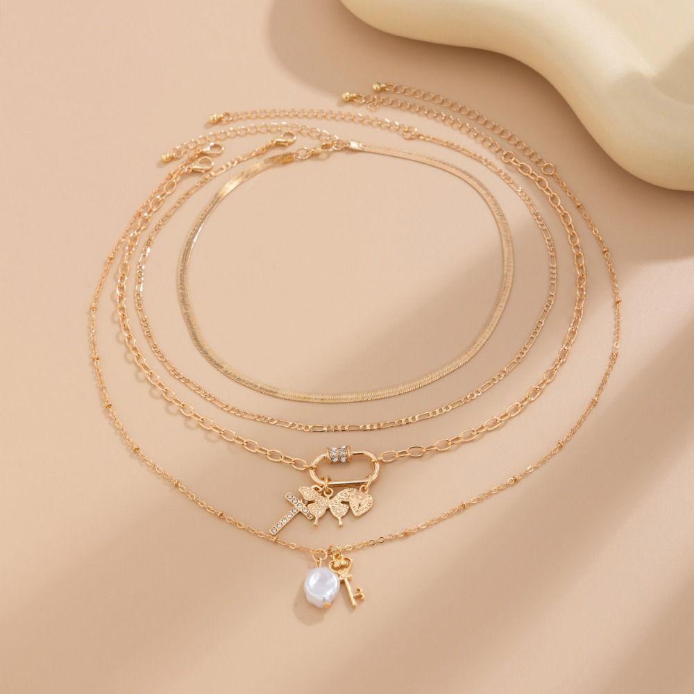 Bohemian Style Multilayer Necklace Pearl Metal Choker Ins Clavicle Chain Girls