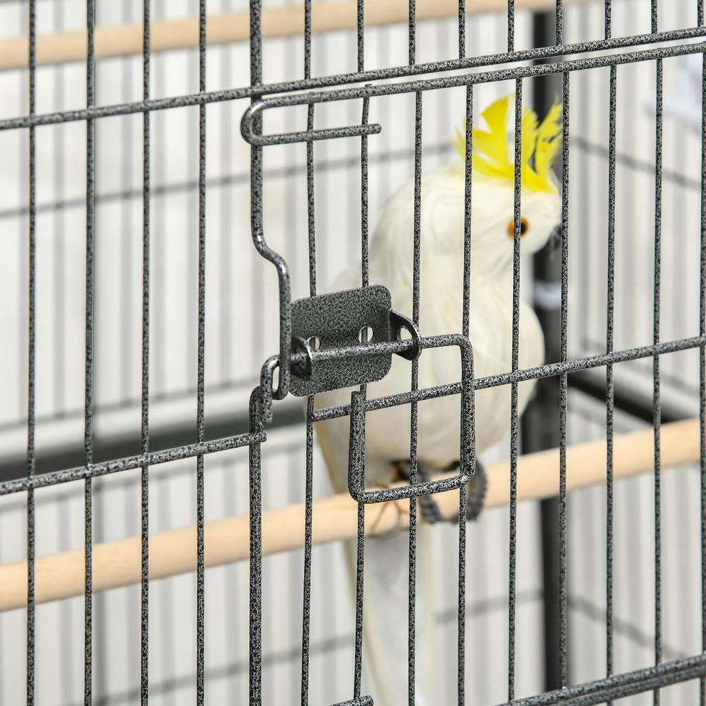 Standing Bird Cage Indoor Aviary with 4 Wooden Perches and Feeders, Steel Wire, Dark Grey