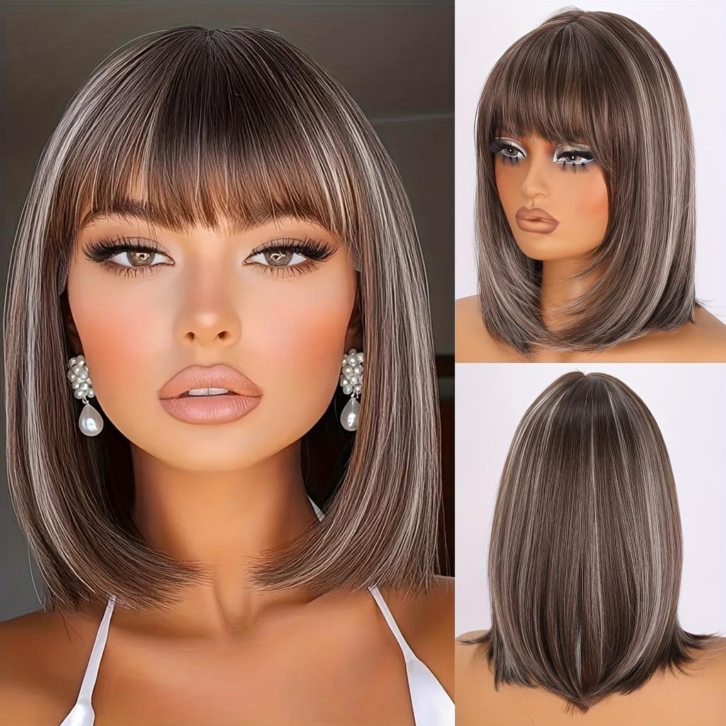 Womens Short Straight Wig With Bangs Hightemperature Silk For Casual And Party Use