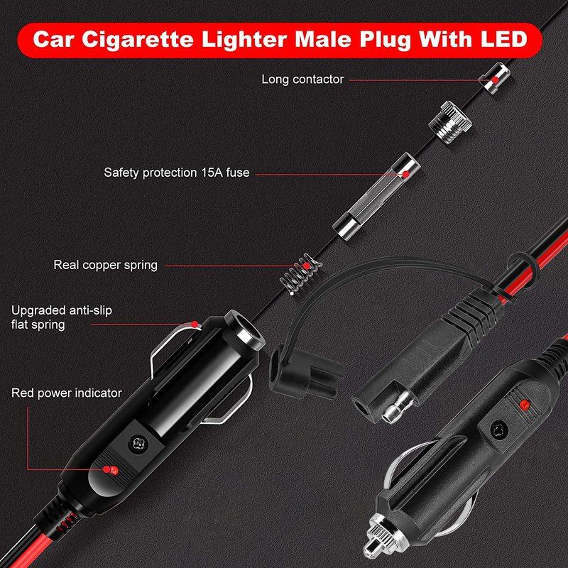 FOXSUR 150cm 12V SAE to Lighter Plug Extension Cable 16AWG Red Black Wire 15Amp Quick Release Adapter LED Light Car Charge