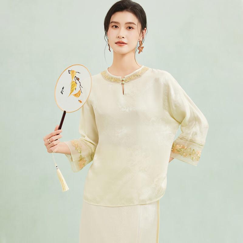 Golden Chrysanthemum 100% Mulberry Silk Embroidered Chinese Style T-shirt L