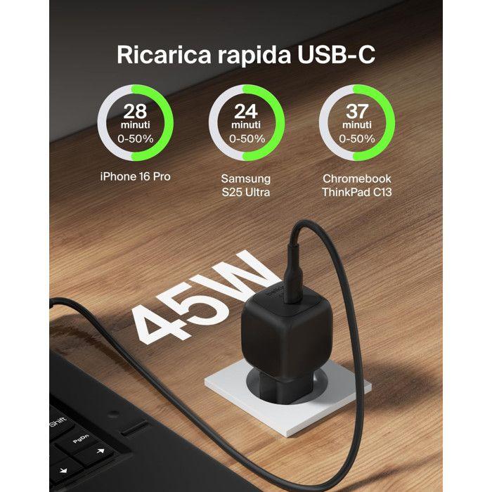 Belkin Caricatore da Parete Compatto 45W Ricarica Rapida per iPhone Galaxy Pixel Nero