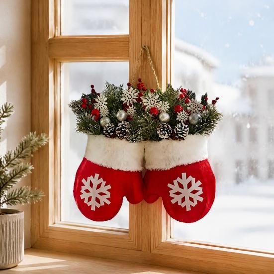 Traditional Red White Wreath Christmas Mitten/Stocking Wreath, Decorative Artificial with Berries Pine Cones, Farmhouse Style Door Hanger Branches,