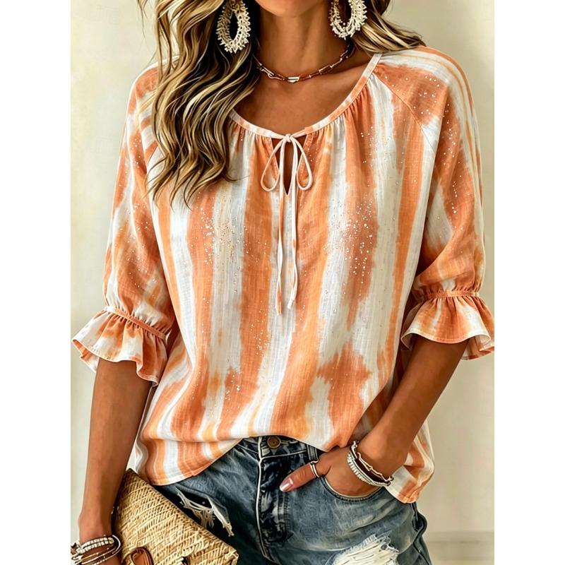 Women's Beige Tie-Dye Print Tie Neck Blouse, Casual Loose Tops for Spring Summer Daily Wear & Vacation Occasions