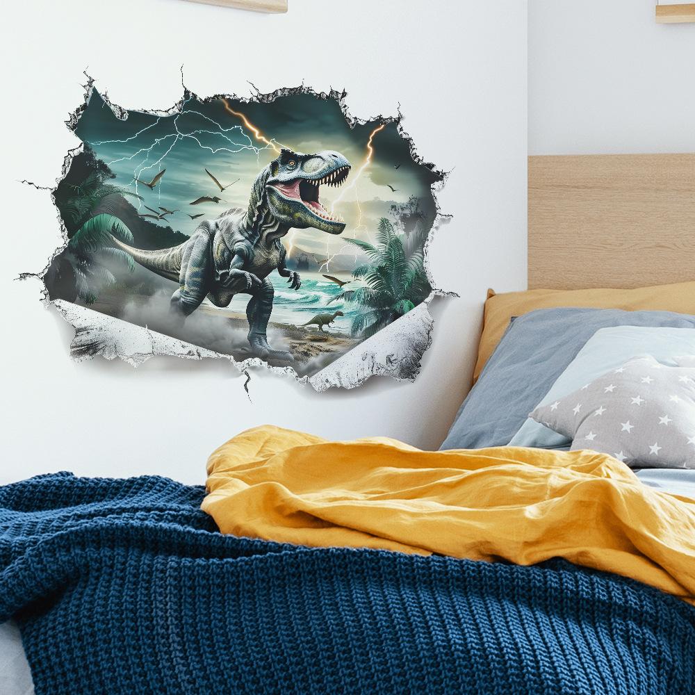 Cartoon Realistic Dinosaur Breaking Through Wall Self Adhesive Wall Sticker for Kids Room Kindergarten Decor