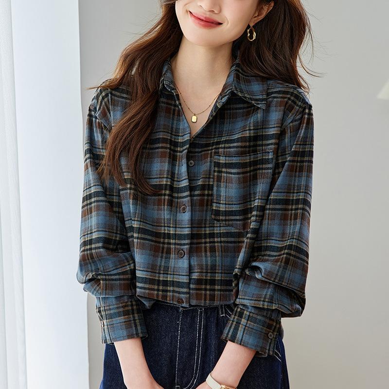 

Рубашка в клетку с таксой для женщин, с длинным рукавом, одежда на весну и осень, новый стиль, гонконгский стиль, ретро-топ XXL