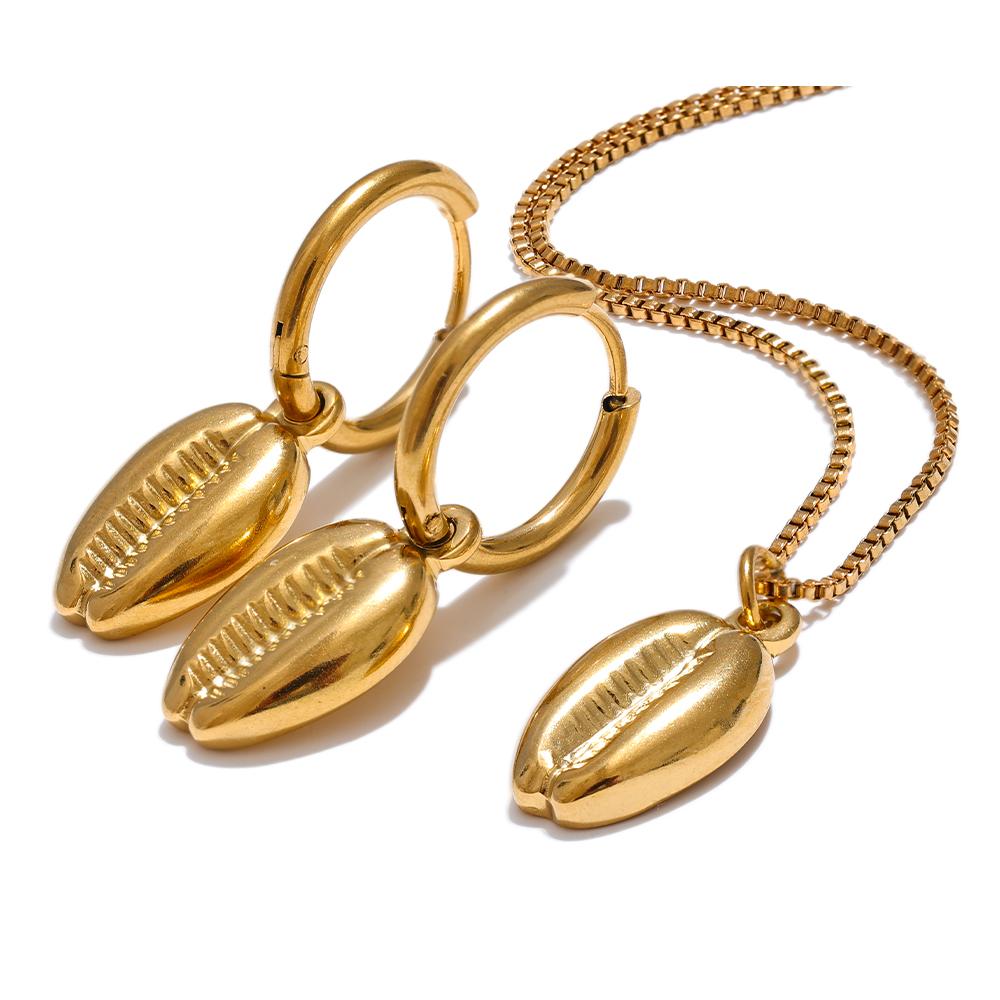 Yhpup Stainless Steel 18k Gold Color Metal Shell Hoop Earrings Necklace Fashion  Jewelry Set Women Waterproof Allergy Prevention