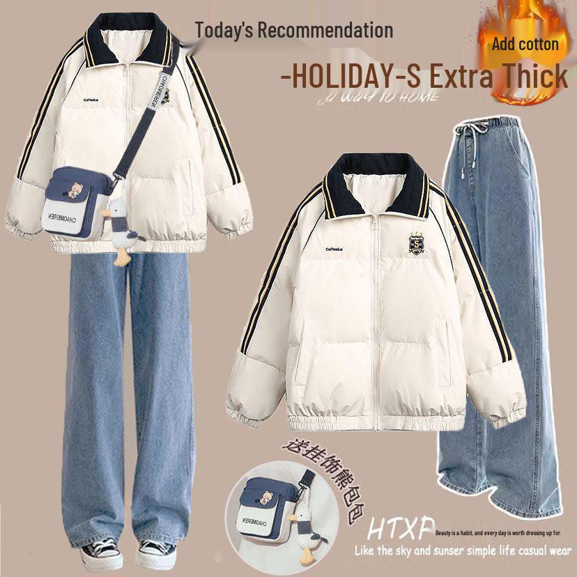 Colorblock Winterset: Lässiger Baumwollmantel im koreanischen Stil & Jeans mit Kordelzug für Studentinnen