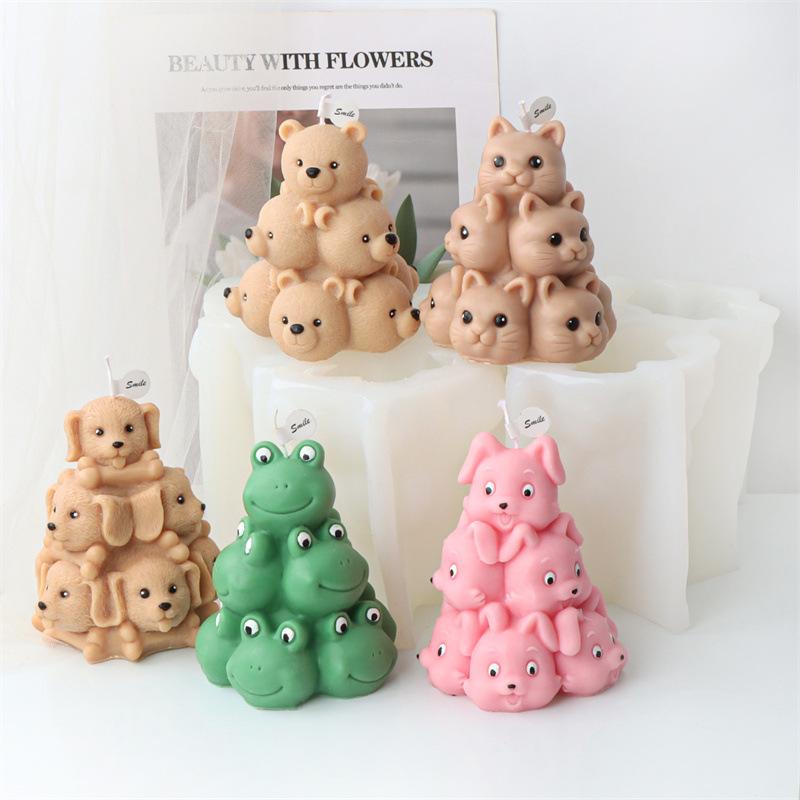 Animal Tower Candle Silicone Molds DIY 3D Frog Bear Dog Cat Rabbit Puppy Bunny Kitten Pile Soap Plaster Mold Pet Decor
