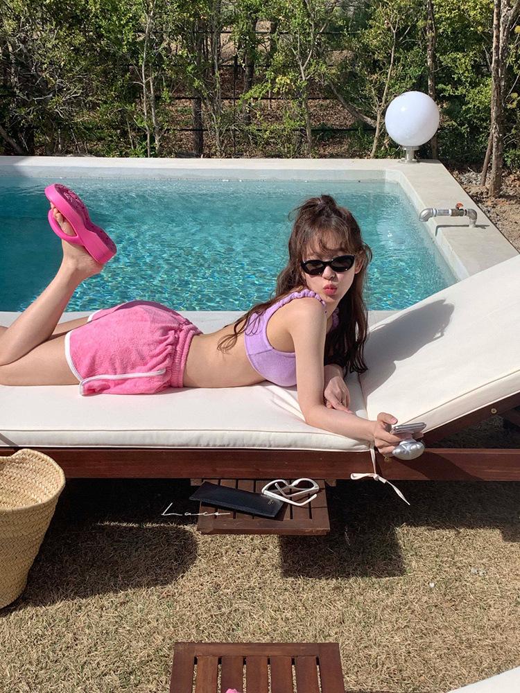 2024 Korean Solid Color Low-Waist Triangle Bikini - Small Chest Gathering Swimsuit