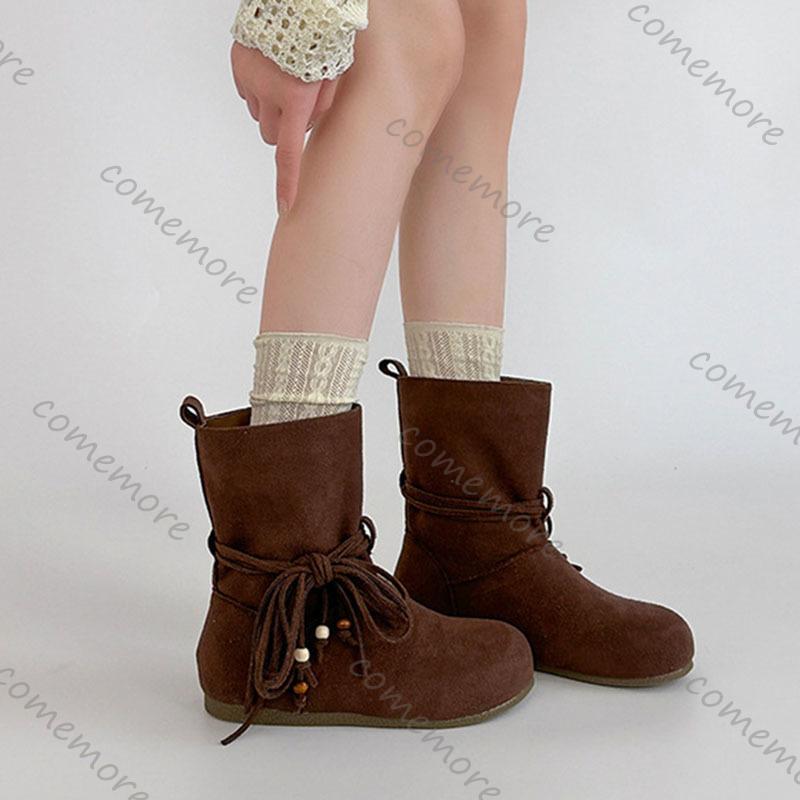 Fashion Comemore Fashion Tassel Bow Women Ankle Boots Autumn Winter Retro Style New Suede Temperament Shoes Casual Flat Short Botines