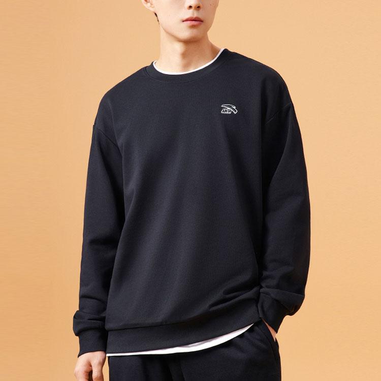 Anta Lifestyle Series Solid Color Crew Neck Pullover Long Sleeve Sweatshirt Unisex Sweatshirt Black 972348710-6
