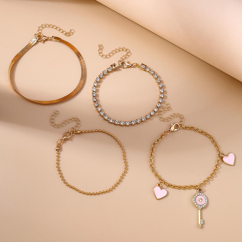4pcs/set Romantic Crystal Key Love Heart Charm Bracelets for Women Girls Gold Color Chain Bracelet Bangle Jewelry Gifts