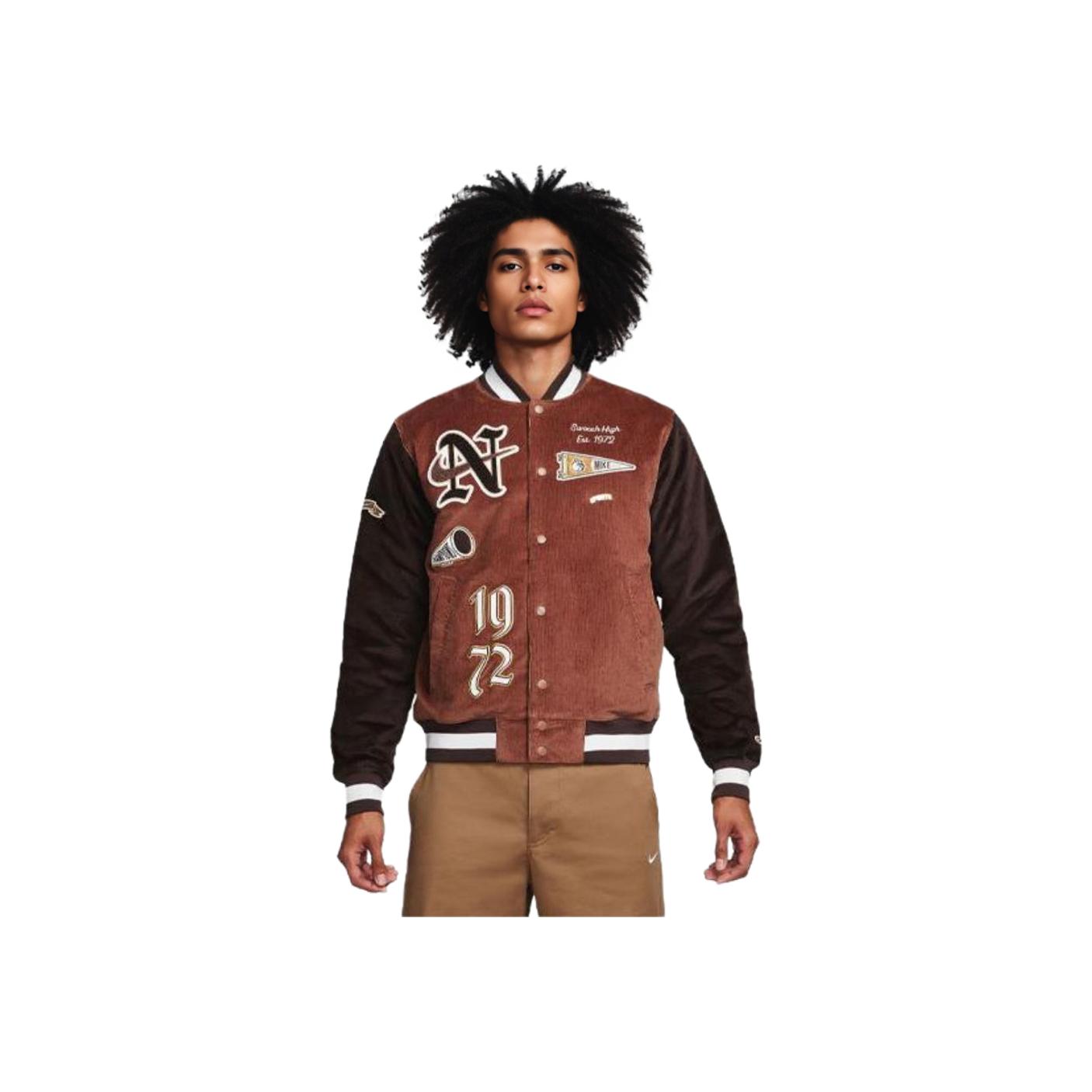 Nike Sportswear Letter Embroidery Color Block Corduroy Vintage American College Style Jacket Men Jacket Brown FQ6159-256 L