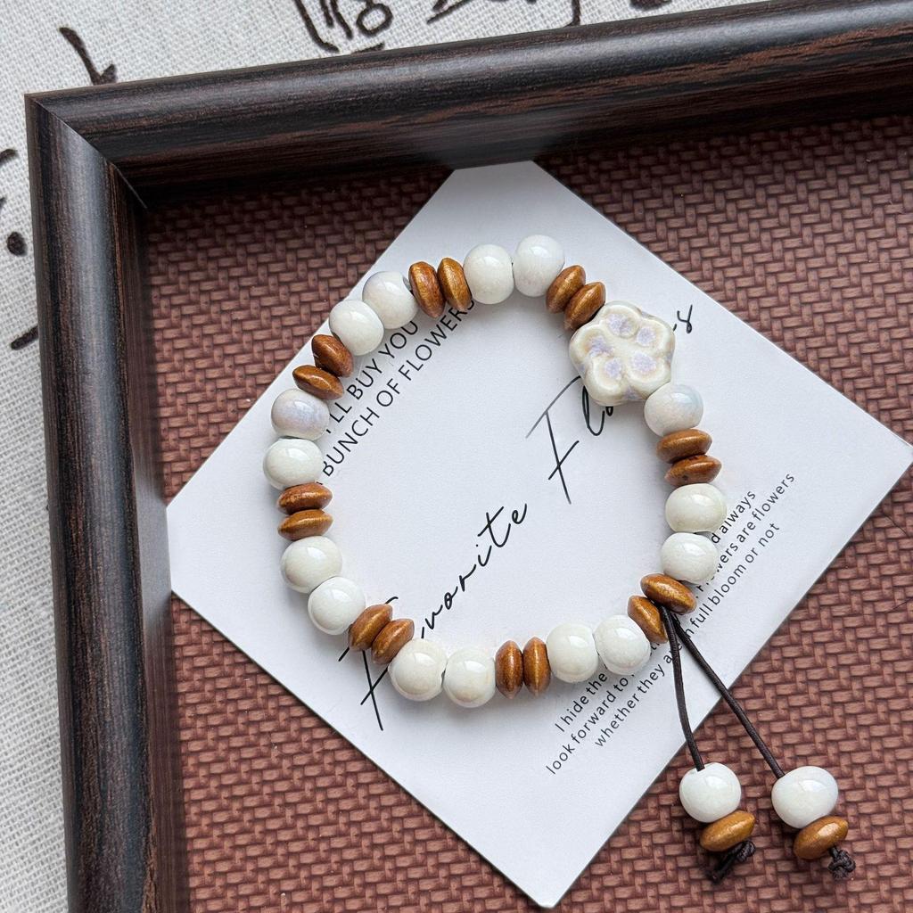Retro Forest Style Ceramic & Wooden Bead Bracelet - New Chinese Zen Versatile Jewelry