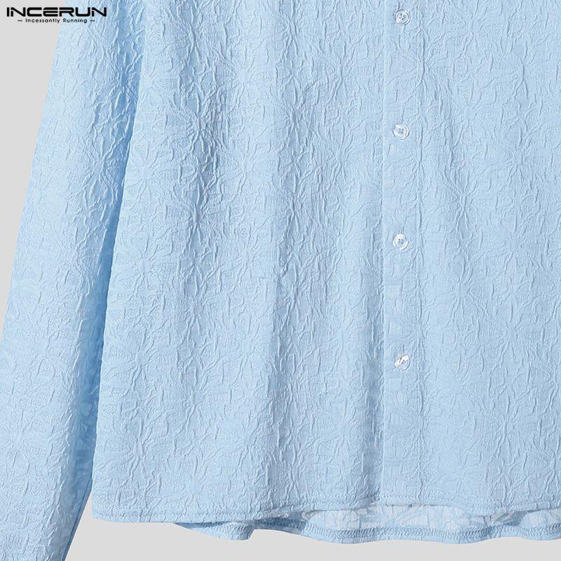 INCERUN Men Lapel Neck Long Sleeve Button Up Lace Casual Oversized Shirts Tops