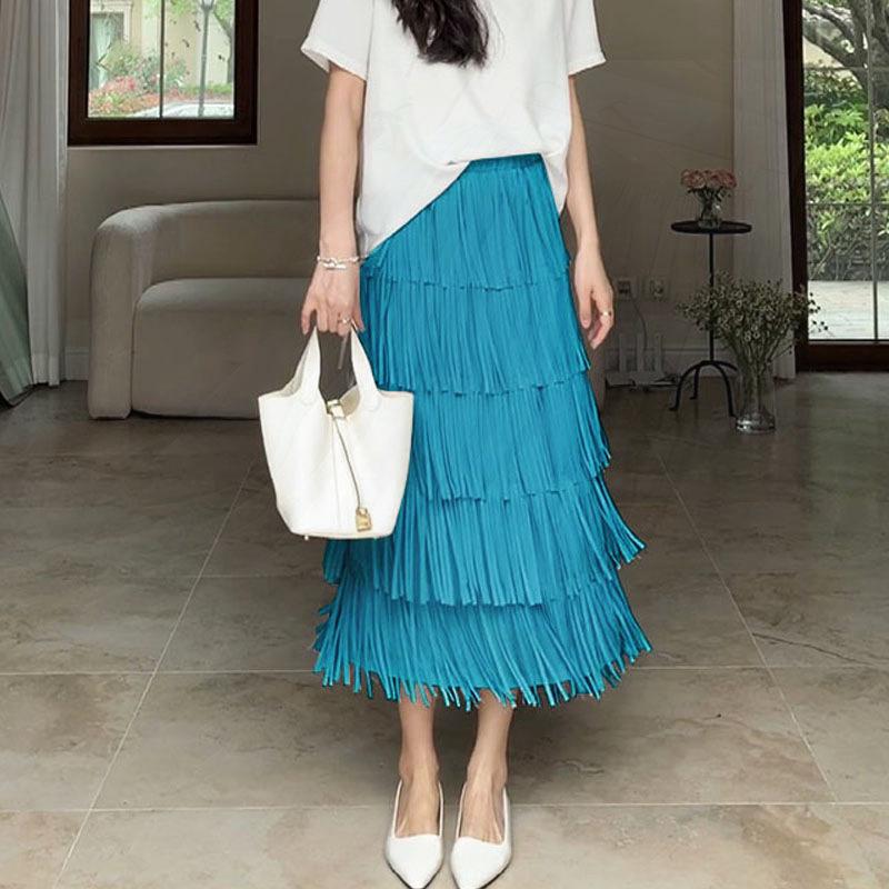 Miyake High-End Women's Tassel Layered Midi Skirt - Versatile & Slimming