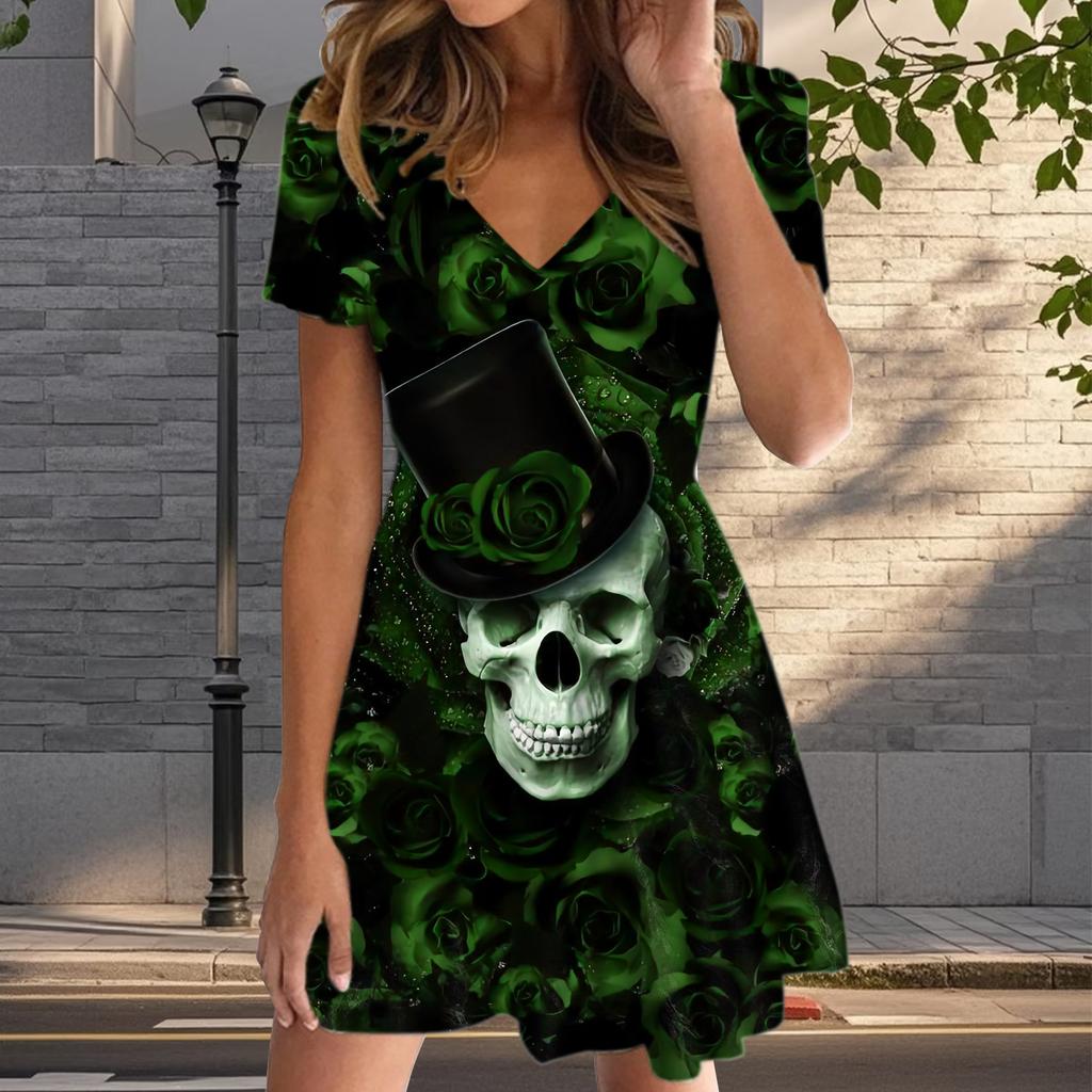 Summer Fashion Women's V Neck Short Sleeve Skeleton Printed  Dress Sex Short Skirt Dresses