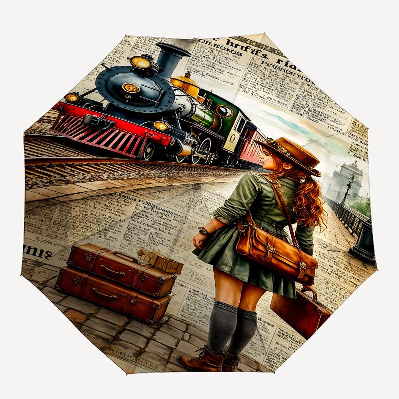 Train Journey Themed Automatic Opening and Closing Umbrella, Brightly Colored 8-rib Portable Umbrella, Suitable for Men and Women, A Perfect