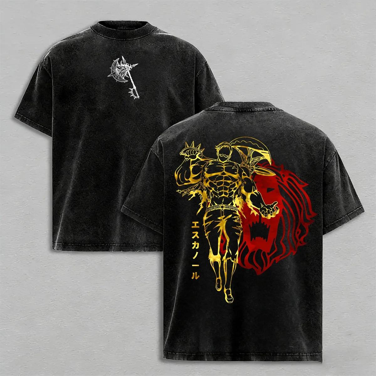 

Графическая футболка Эсканор, Грех Гордыни Льва, Кислотная стирка, Оверсайз, Аниме Семь Смертных Грехов, Мужская Женская Хлопковая Футболка, Женская Мужская Одежда L