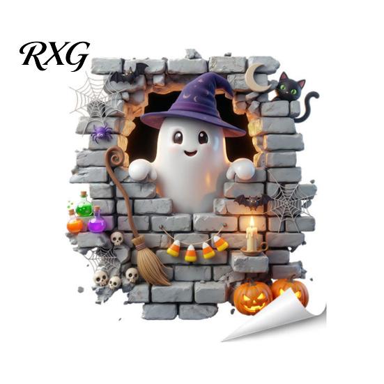 Bat Wall Stickers for Halloween Stickers, 3D Broken Effect with Ghost Skeleton Pumpkin Decals, Self-Adhesive Waterproof Decor Mural Living Room