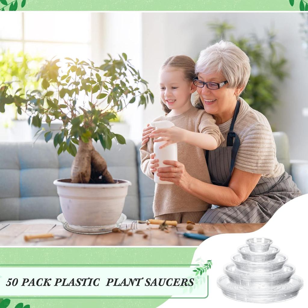 50 Pack 4/6/8/10/12 Inch Plant Saucer Clear Plastic Plant Trays Round Plant Water Tray Flower Pot Saucers Drip Plate Dish for Indoor Outdoor Garden